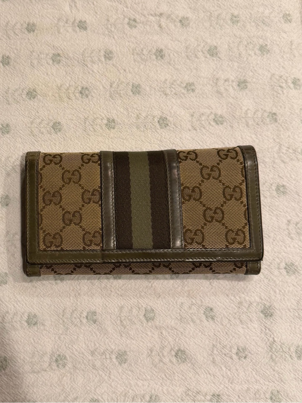 Gucci Brown Monogram Canvas Wallet with Olive and Dark Brown Stripe